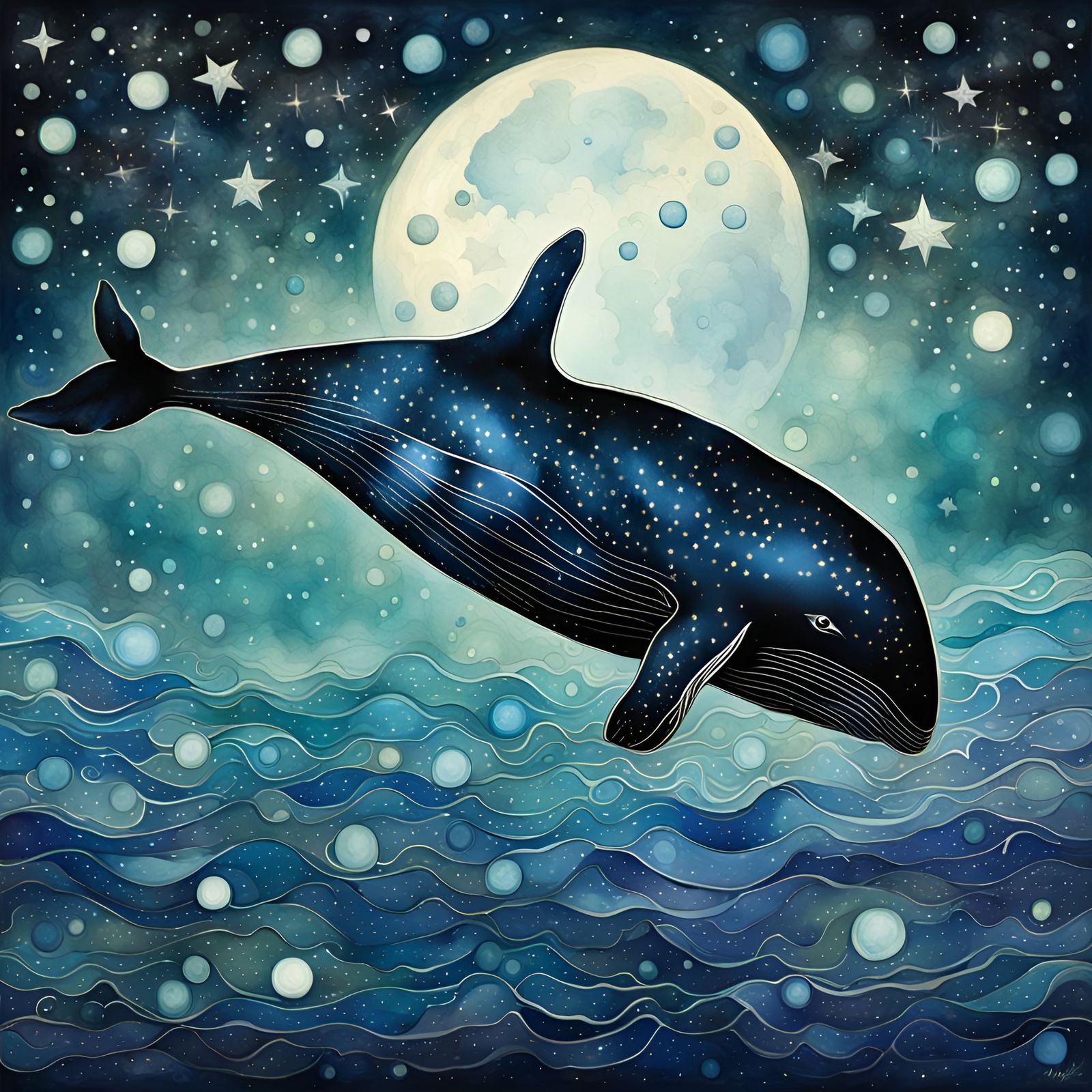 Whale in Starry Sea: Digital Watercolor Illustration
