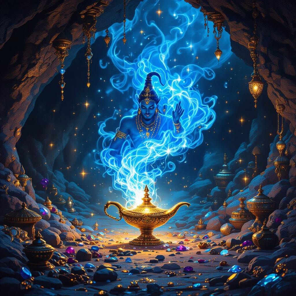 Mystical Genie Emerges from Lamp in Treasure Cave