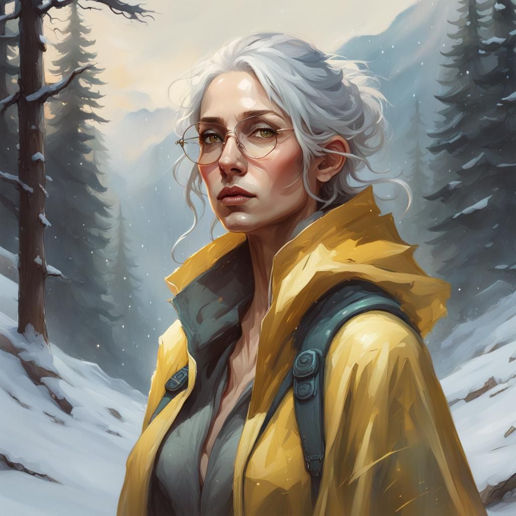 Woman Hiking in Snow, Digital Art Portrait
