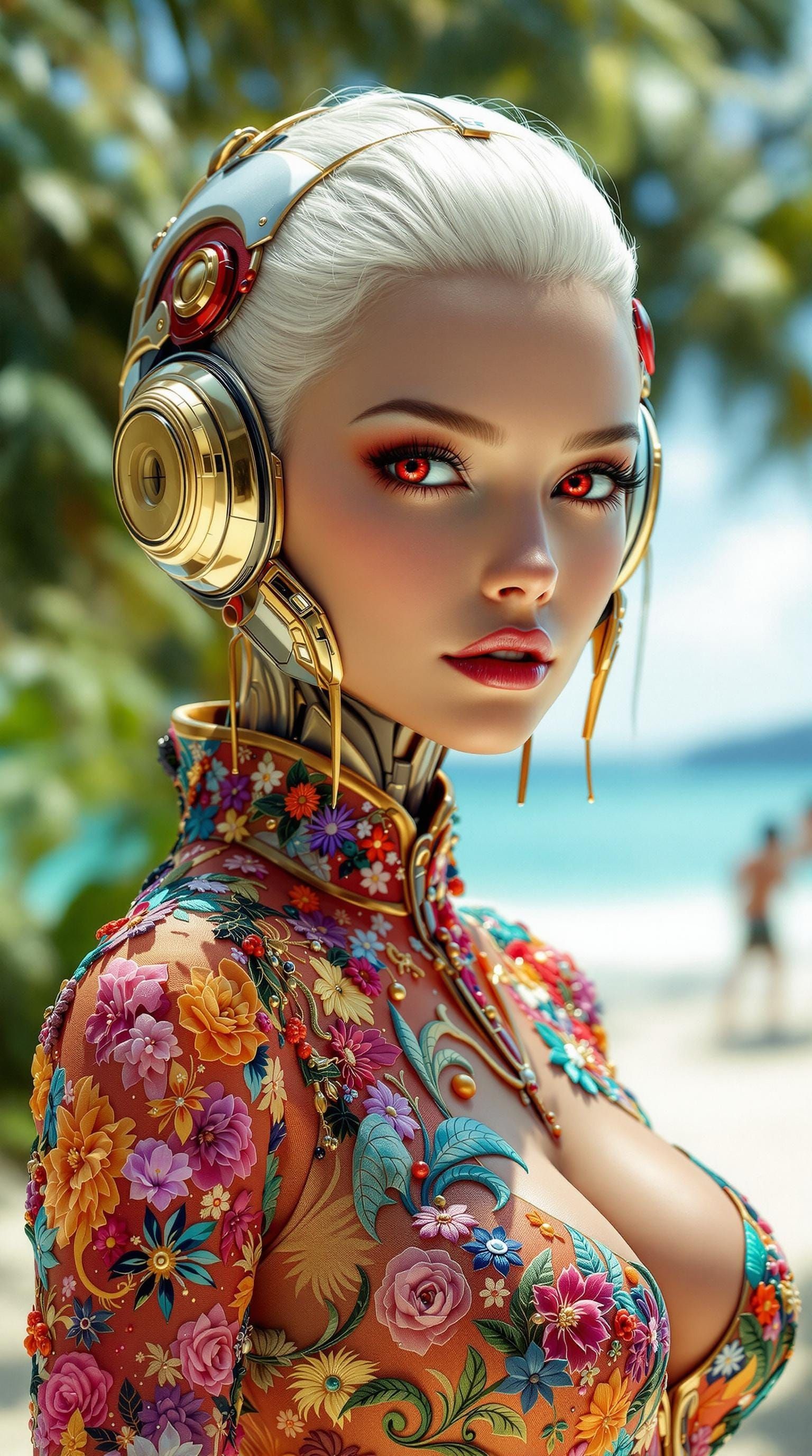 Futuristic RoboWoman on Tropical Beach in Hyperrealistic Sty...
