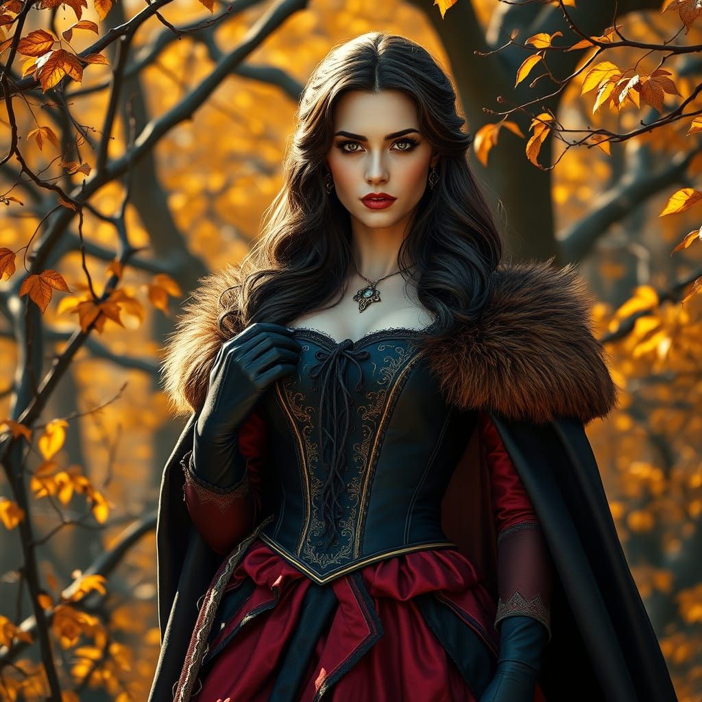 Regal Woman in Medieval Fantasy Attire, Autumnal Forest