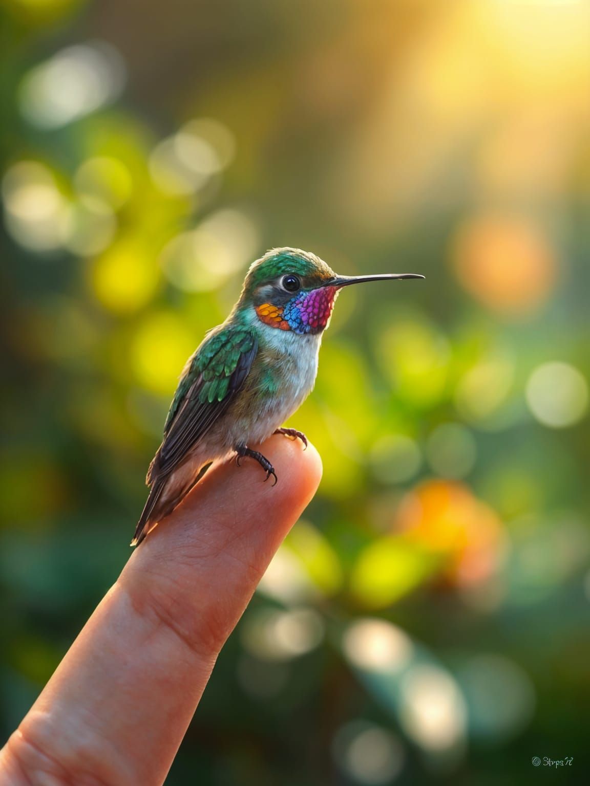 Iridescent Hummingbird on Finger in Watercolor Style