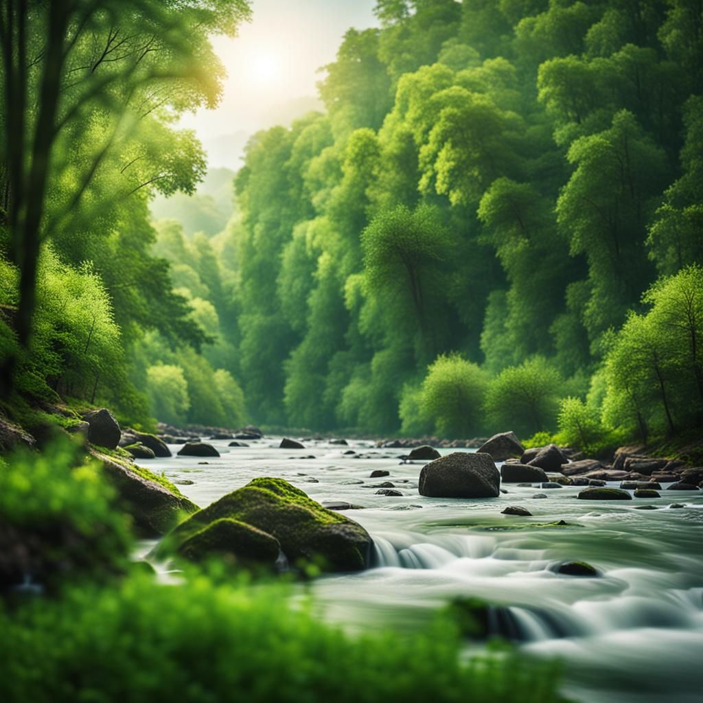 Green Forest River in Natural Lighting