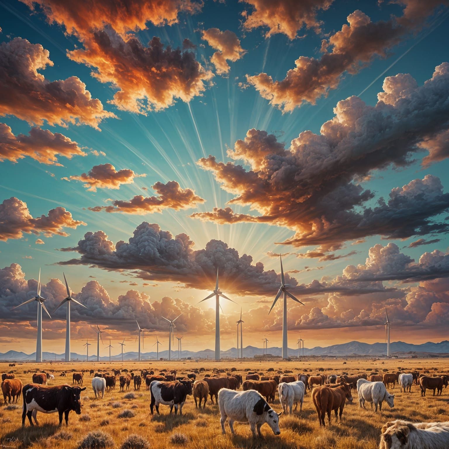 Texas Ranch with Wind Turbines Under Vivid Sky