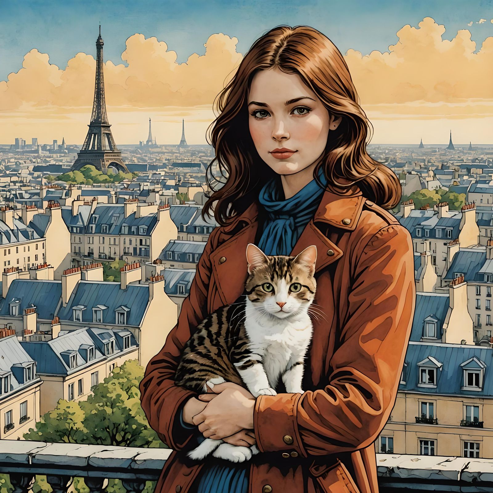 Girl with Cat Overlooking Paris in Comic Book Style