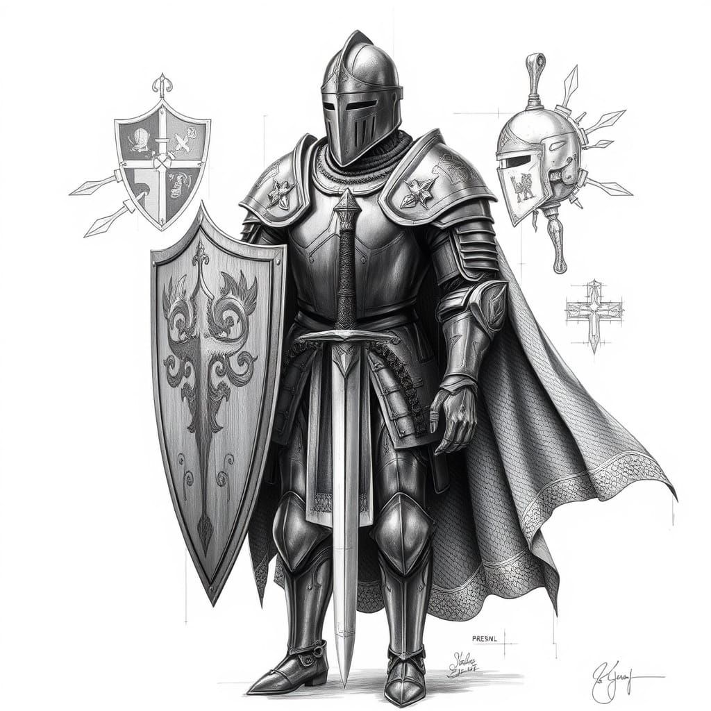 Medieval Armor Suit Technical Illustration in Black and Whit...