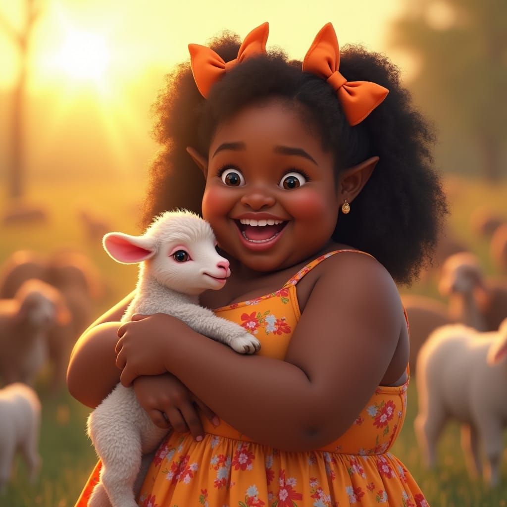 Joyful Black Teenager Holds Adorable Baby Farm Animal in Sun...