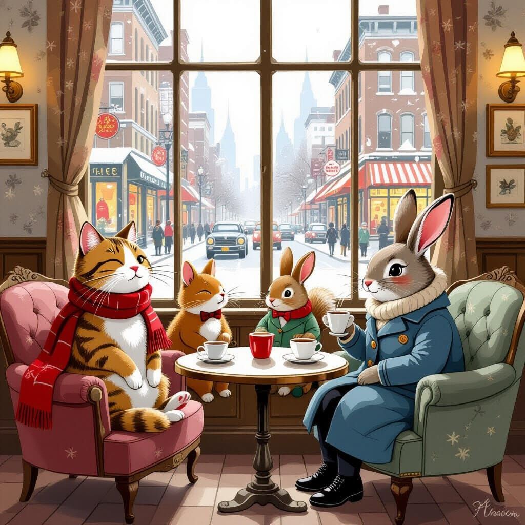 Animals Enjoying Coffee in Quaint NYC Cafe