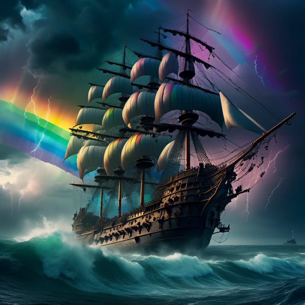 Rainbow Ship at Night on Stormy Seas