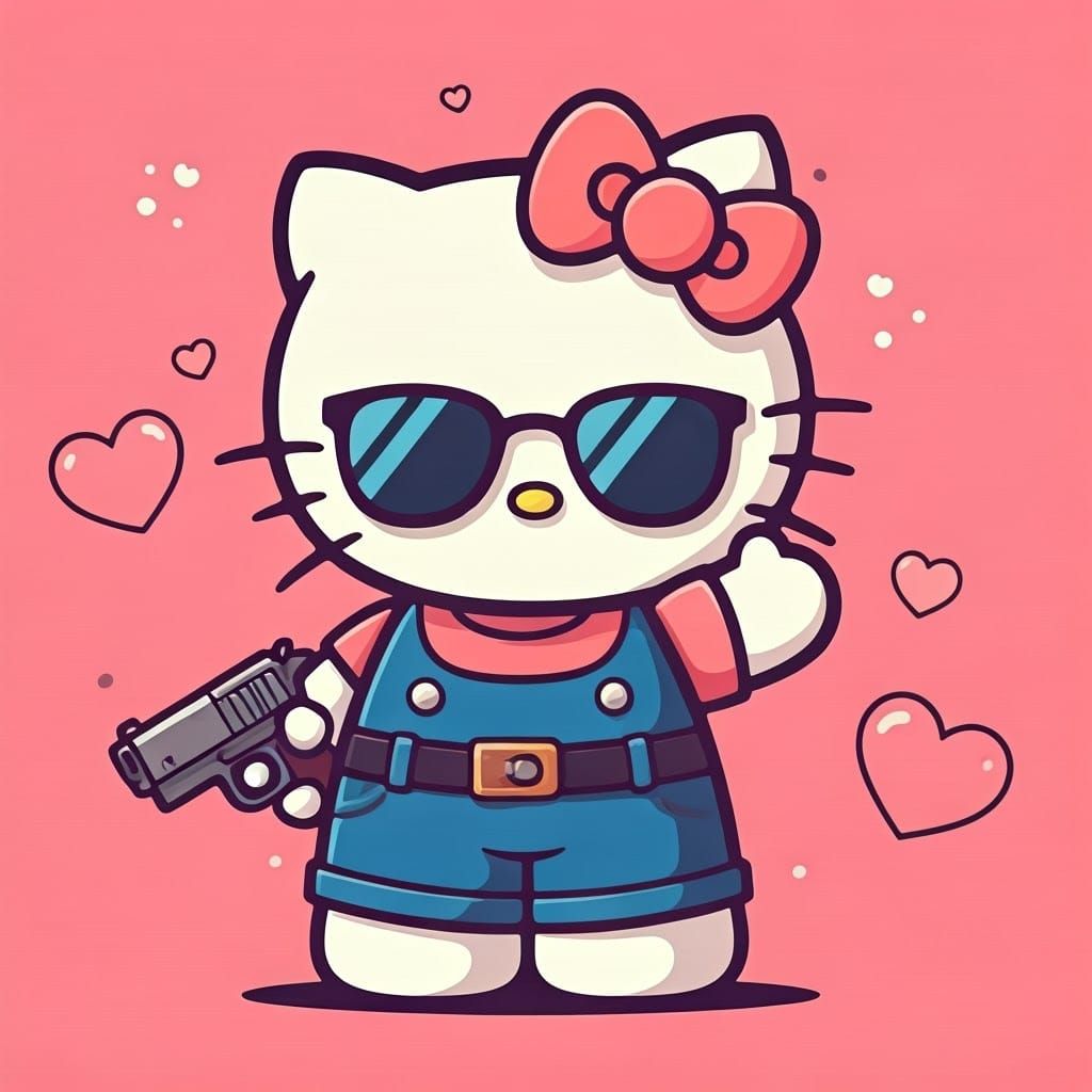Hello Kitty Action Pose with Pistol and Hearts in Manga Styl...
