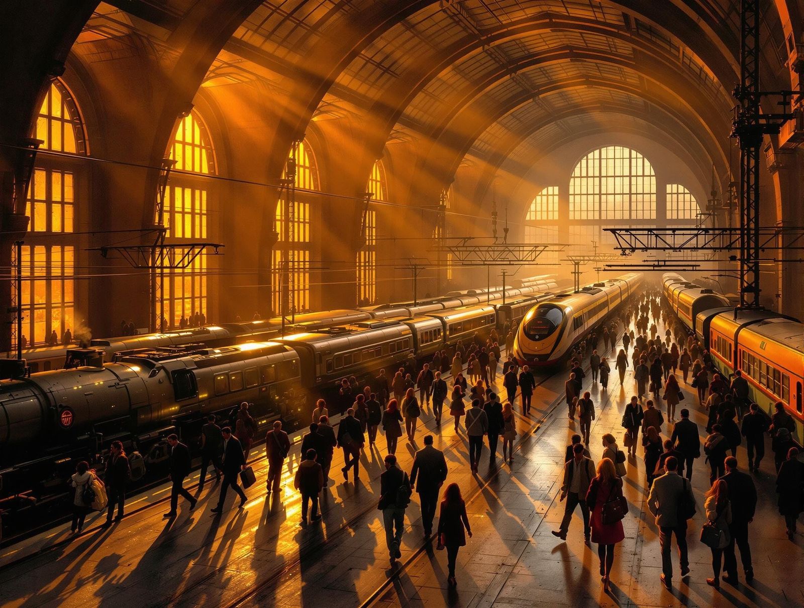 Majestic Train Station at Dusk in Industrial Futurist Style