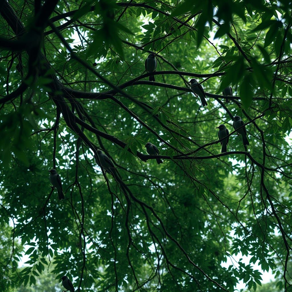 Lush Canopy Teeming with Birds in Hyperrealistic HDR