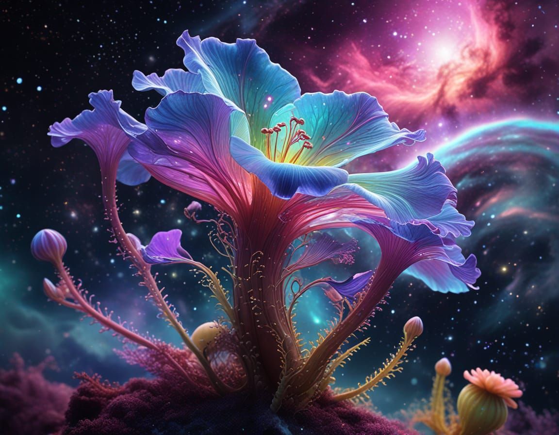 Cosmic Carnivorous Flower Blooms in Vibrant Nebula
