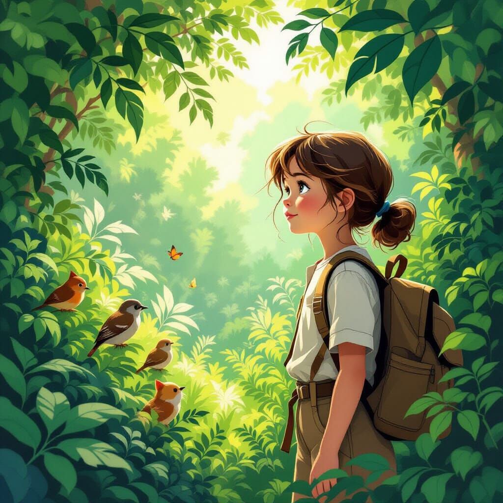 Girl Discovers Hidden Wildlife in Lush Forest