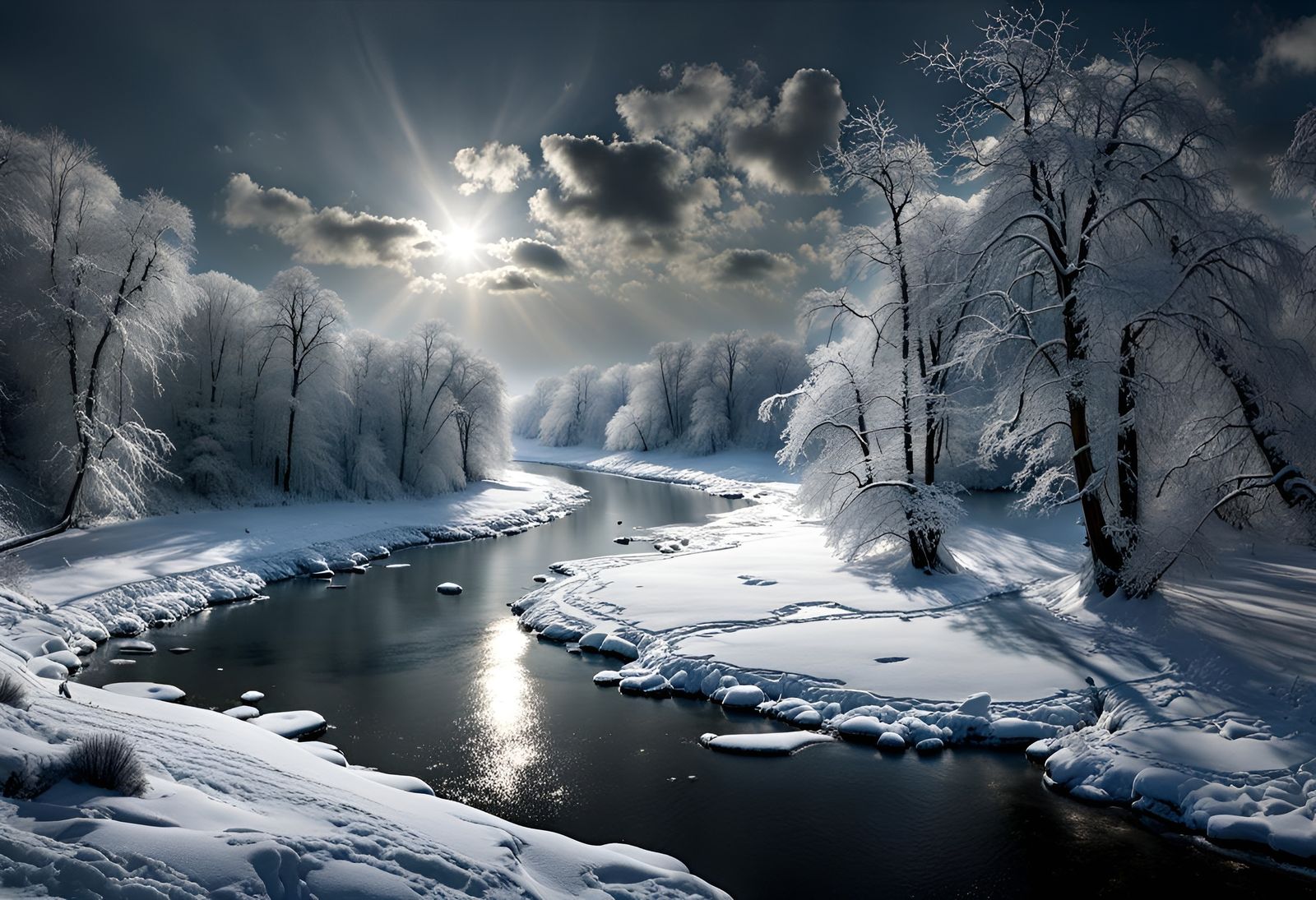 Frozen River: A Hyperrealistic Landscape Painting