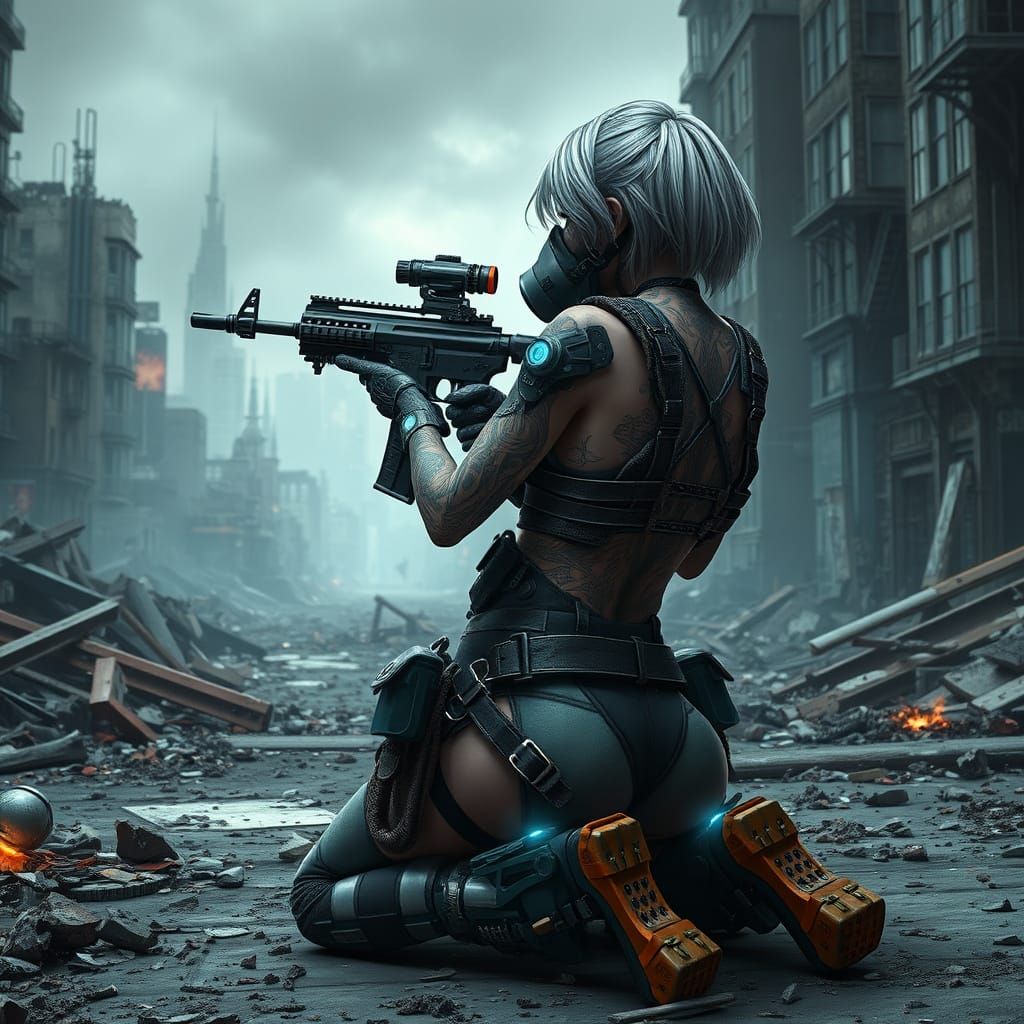 Cyborg Warrior in Post-Apocalyptic Cityscape