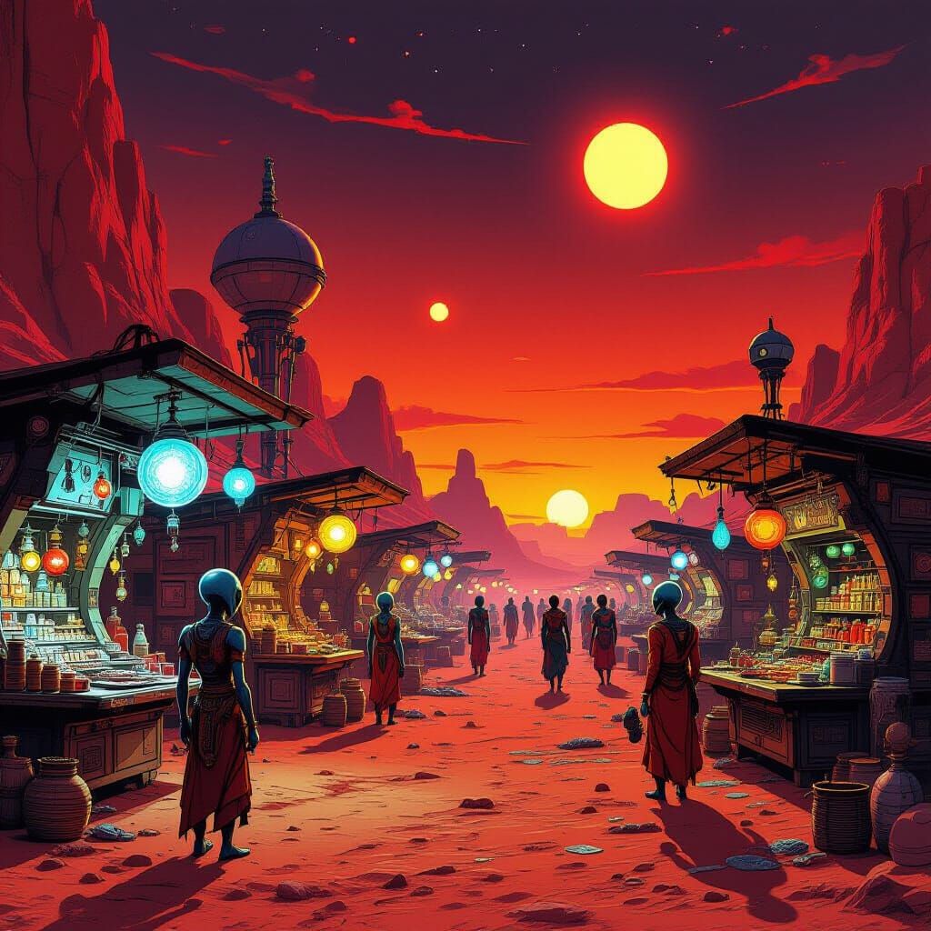 Alien Marketplace on Desert Planet with Two Suns