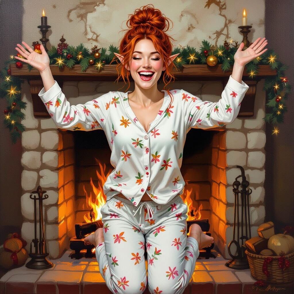 Joyful Elf Woman in Pajamas, Fantasy Oil Painting