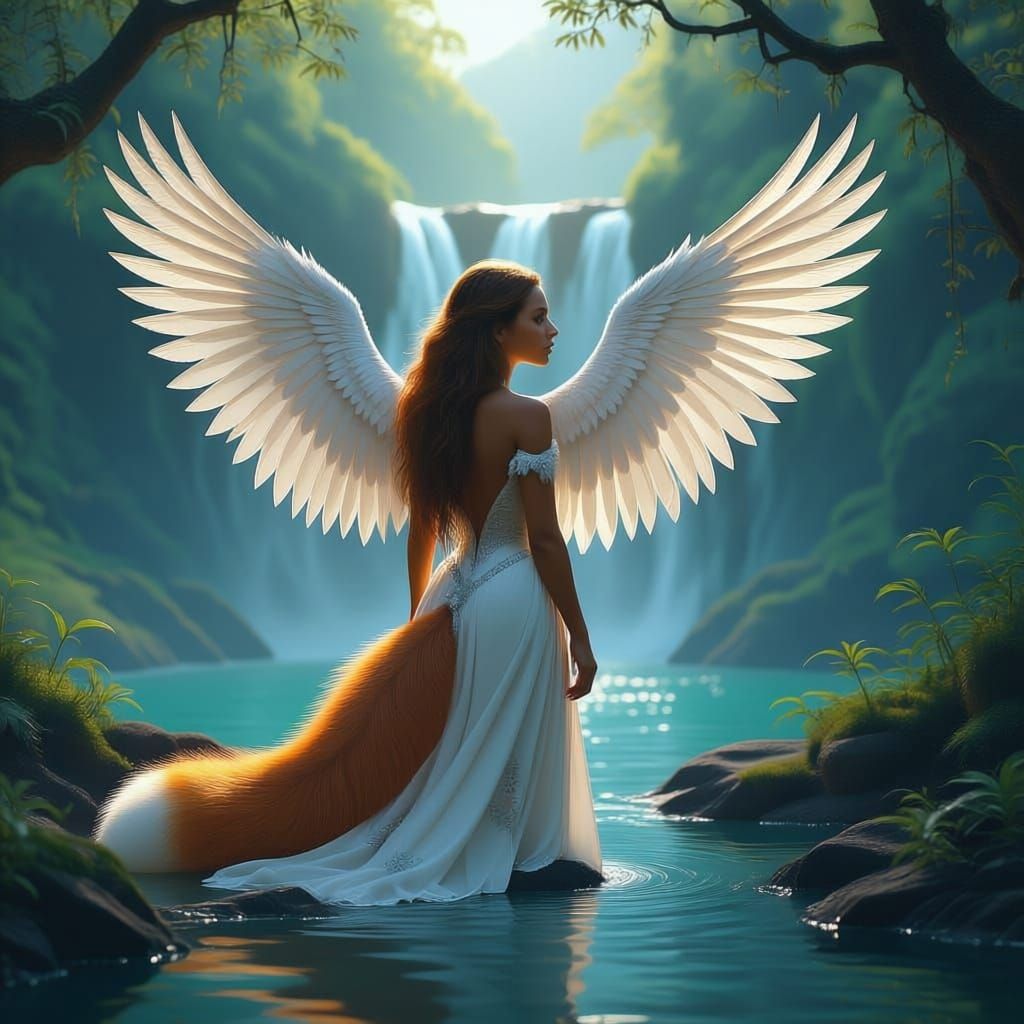 Fox Woman with Feathered Wings at Hidden Waterfall