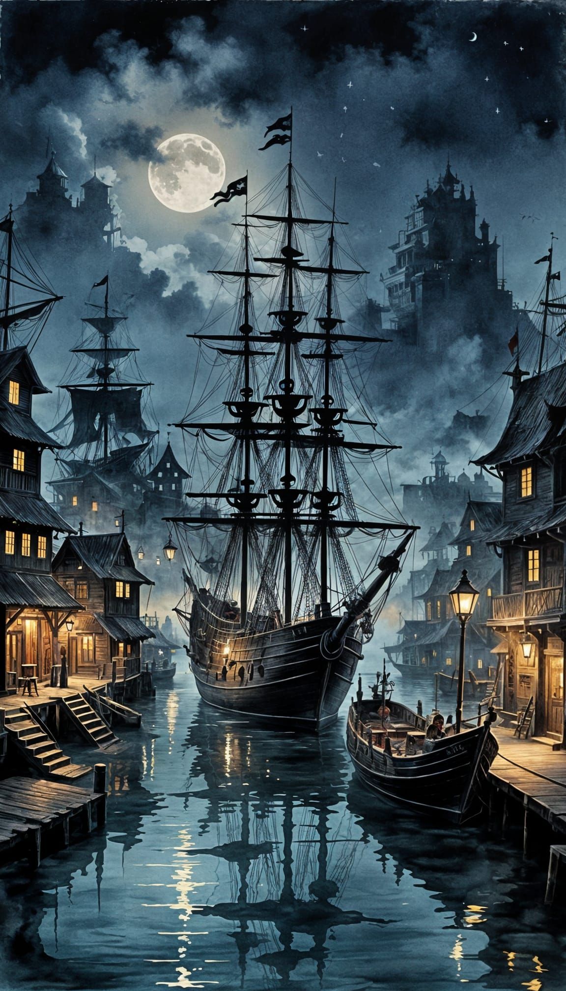 Pirate Galleons at Night in a Fantasy Harbour Town