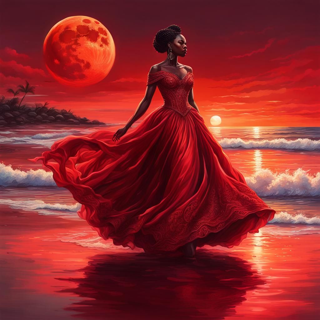 Queenly Woman in Red Gown at Sunset: Hyperrealistic Art