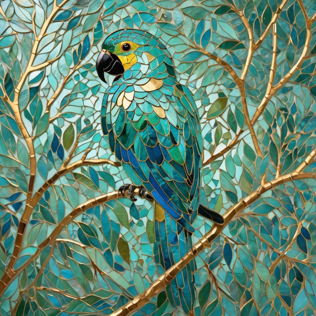 Turquoise Mosaic Parrot in Abstract Expressionism Style