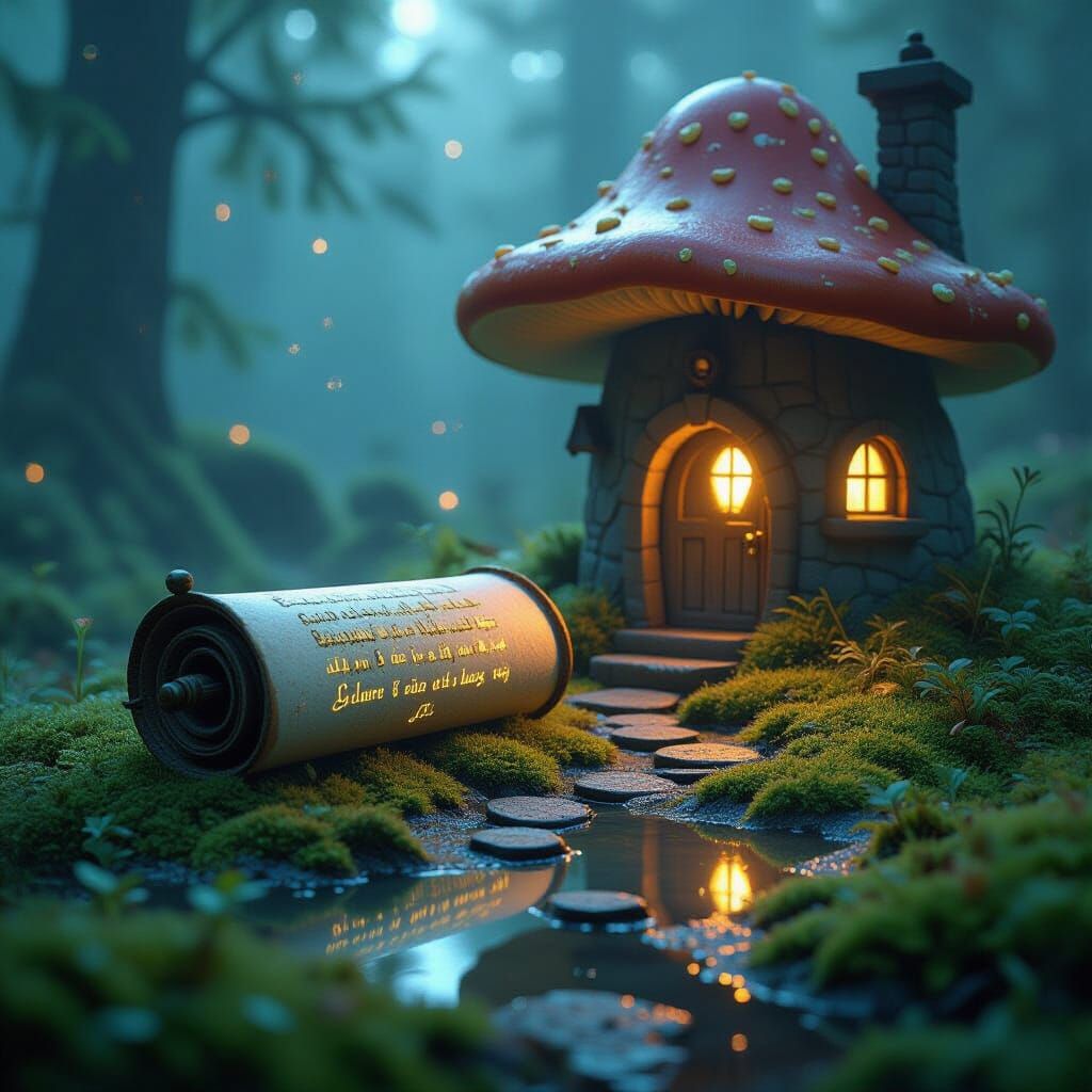 Fairy Mushroom House and Ancient Glowing Scroll