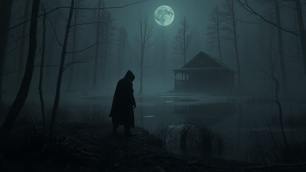 Mysterious Figure Wandering Swampy Woods in Dark Style