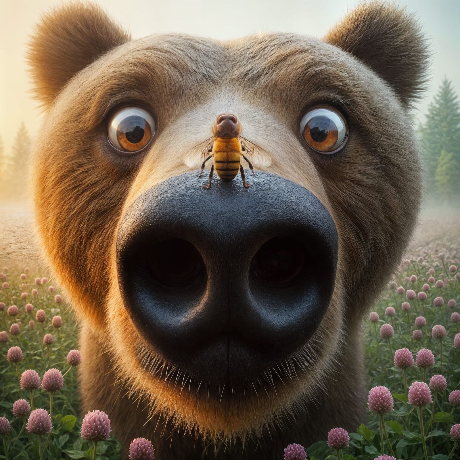 Surprised Bear with Bee, Misty Sunrise Background