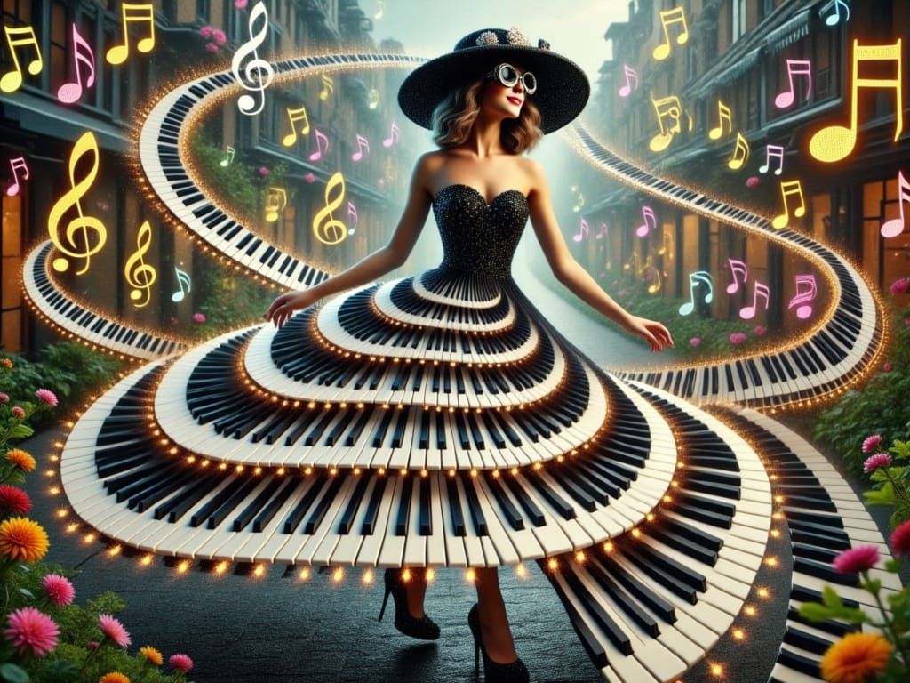 Steampunk Siren in Goggles Plays Piano in Vintage City