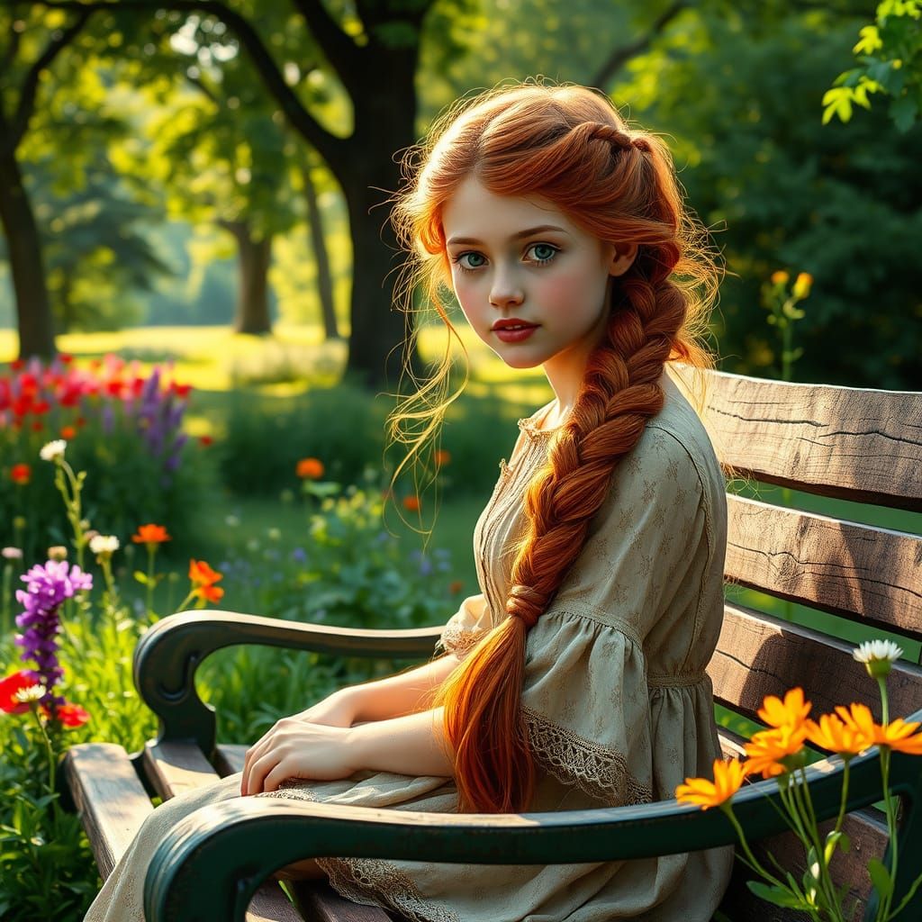 Ethereal Pre-Raphaelite Girl in Whimsical Park Setting