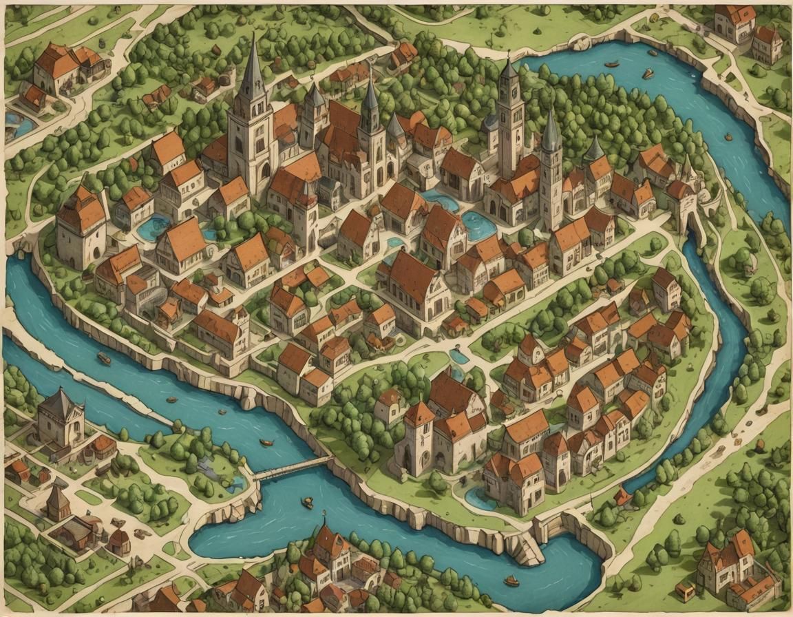 Isometric Medieval Town Map on Parchment