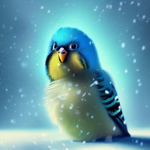 Charming Baby Budgie Portrait in Snow, Digital Art