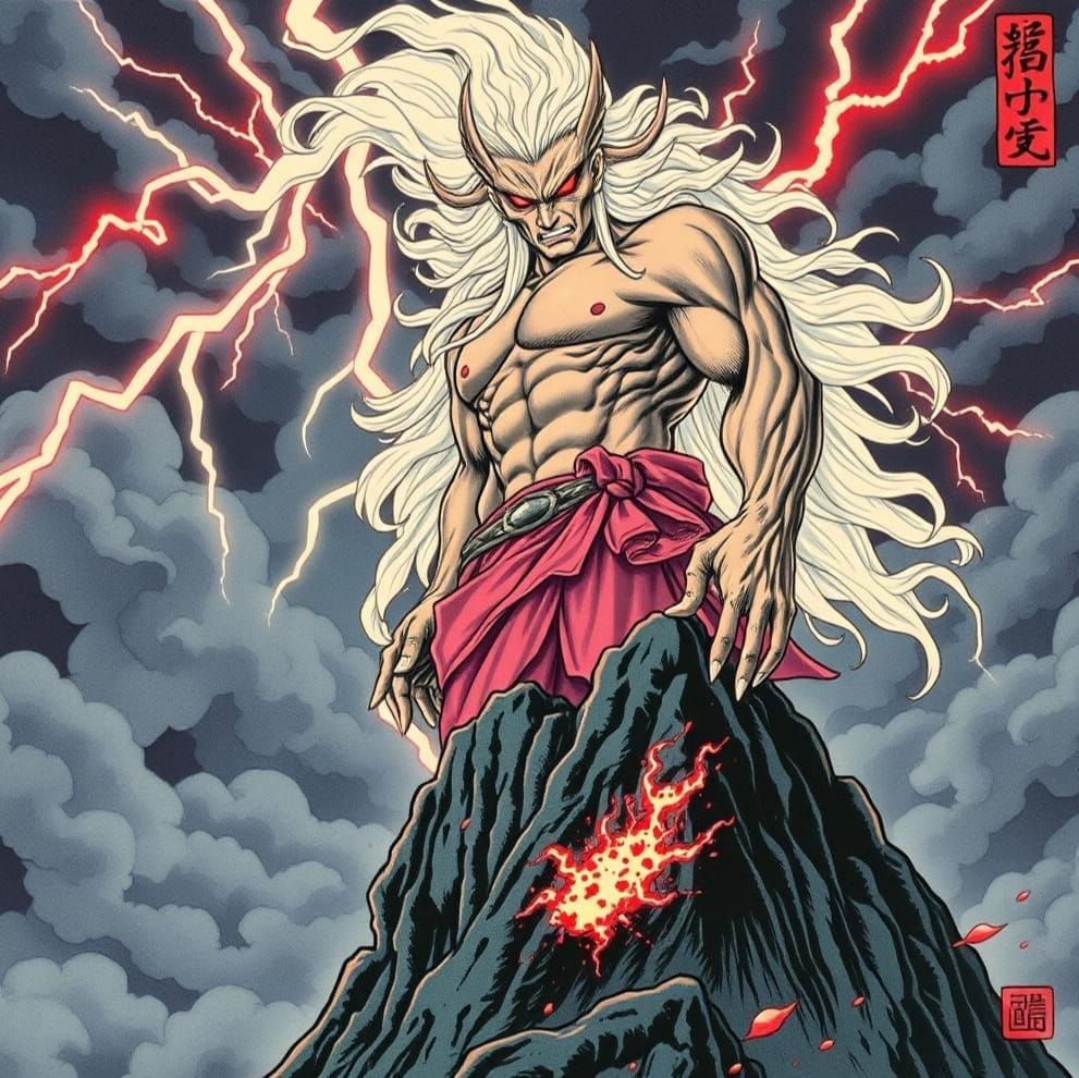 Furious Kami Watches Bandits in Japanese Woodblock Print