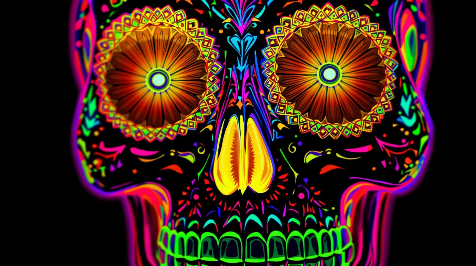 Sugar Skull Mask in Blacklight Poster Style with Psychedelic...
