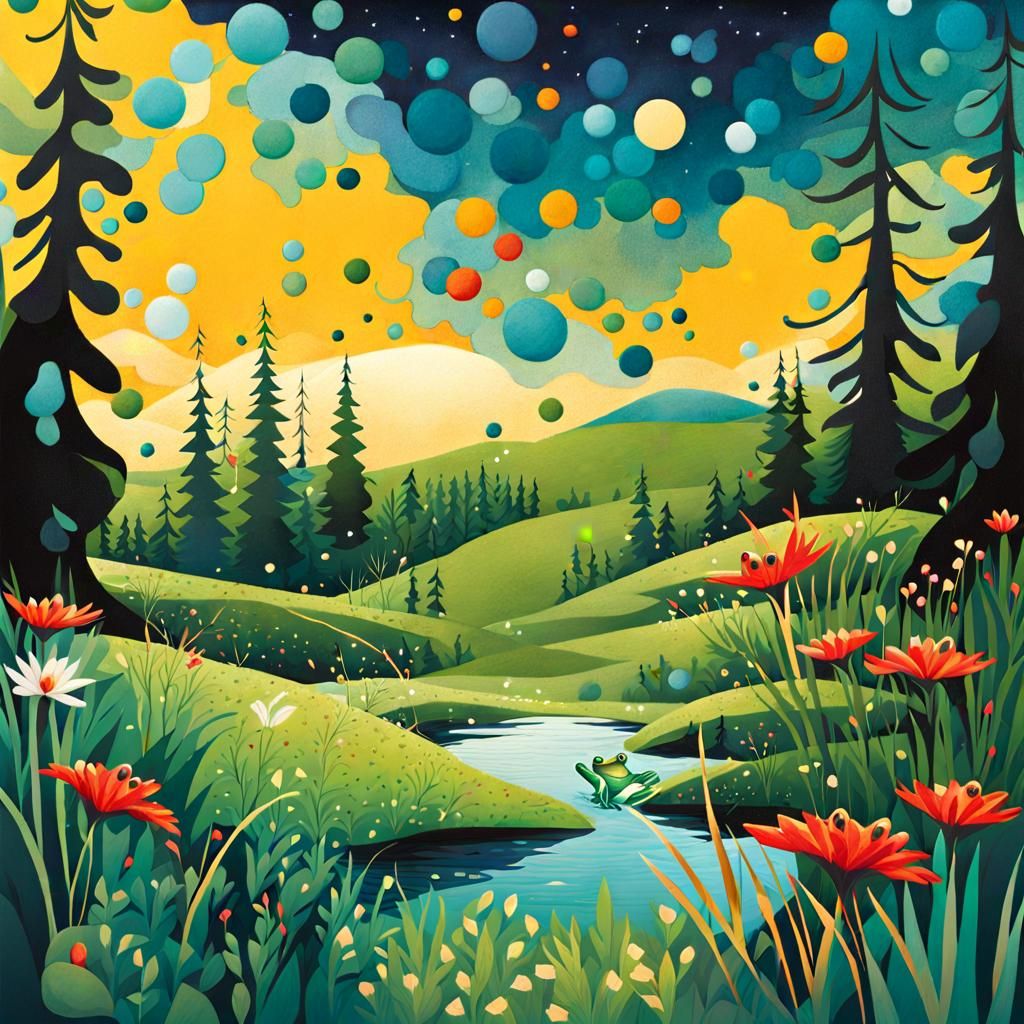 Stylized Gouache Illustration of Leaping Frog