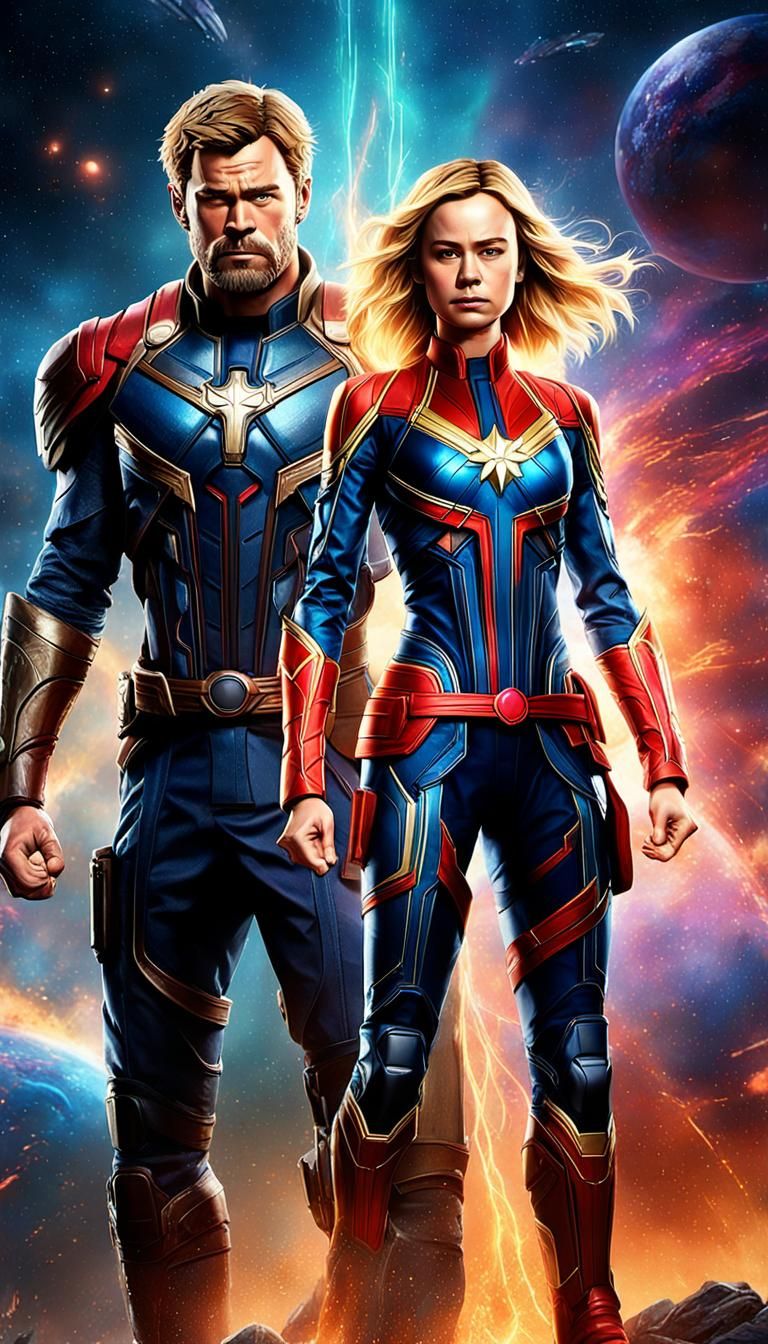 Captain Marvel and Thor Battle Thanos in Space