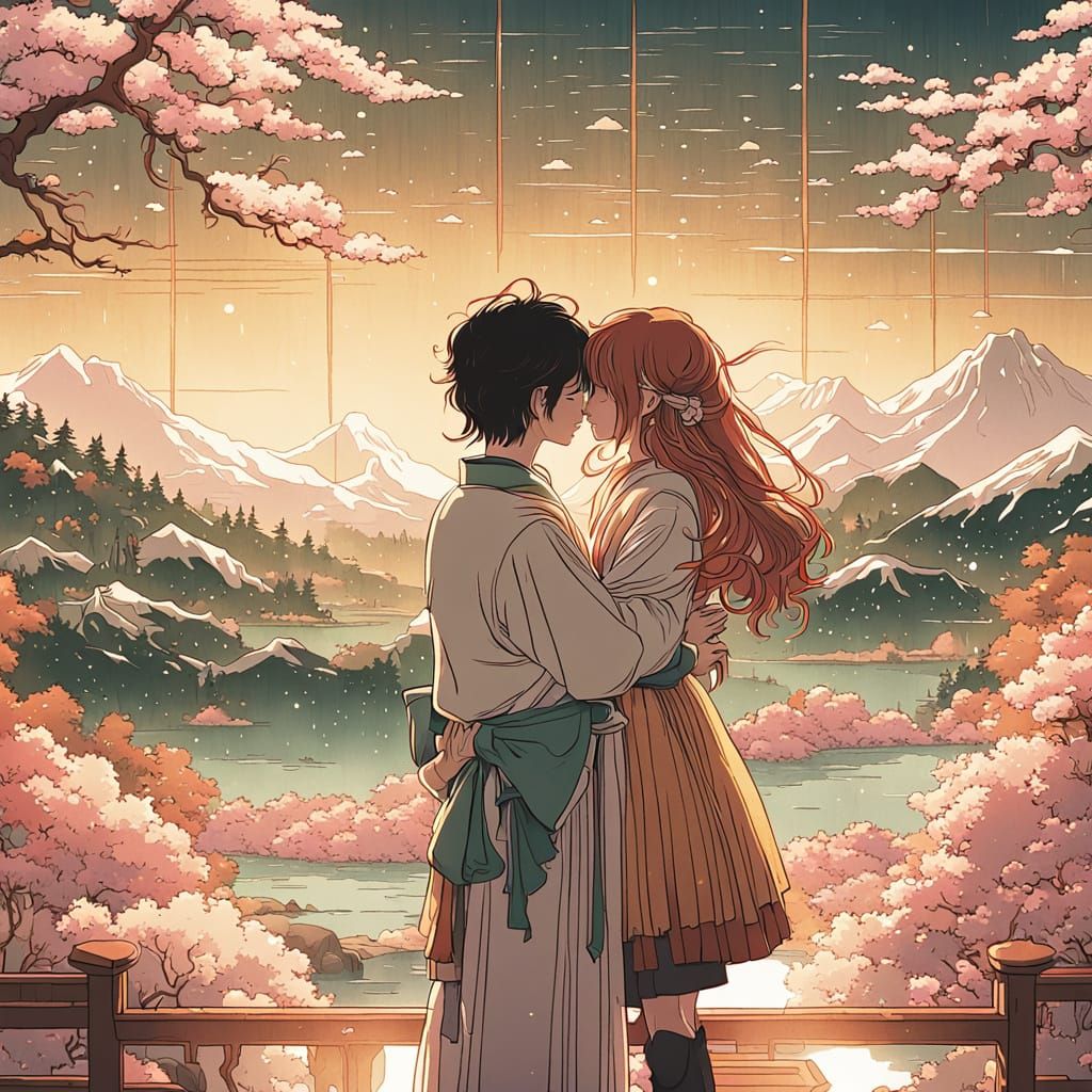 Romantic Anime Lovers in Cherry Blossom Garden