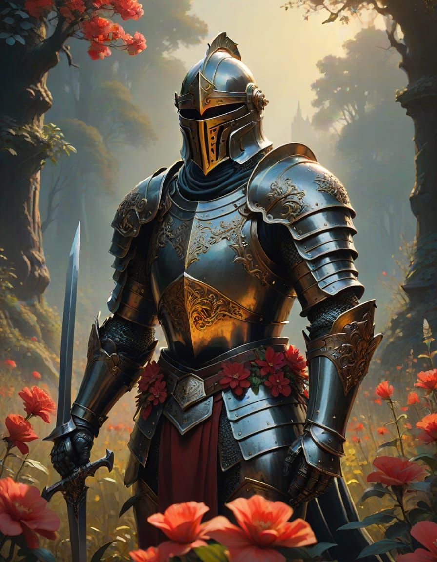 Vigilant Knight in Baroque Armor, Surrounded by Vibrant Bloo...