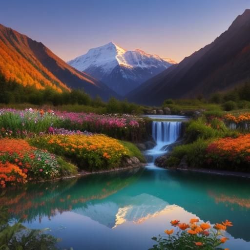 Picturesque Sunrise Over Mountains With Flower Garden