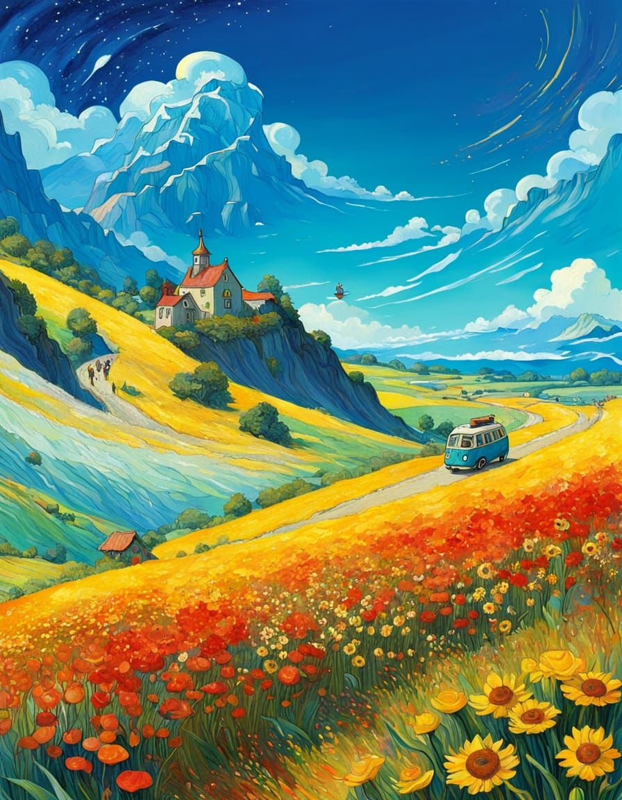 Whimsical Sci-Fi Fantasy Landscape in Studio Ghibli Style