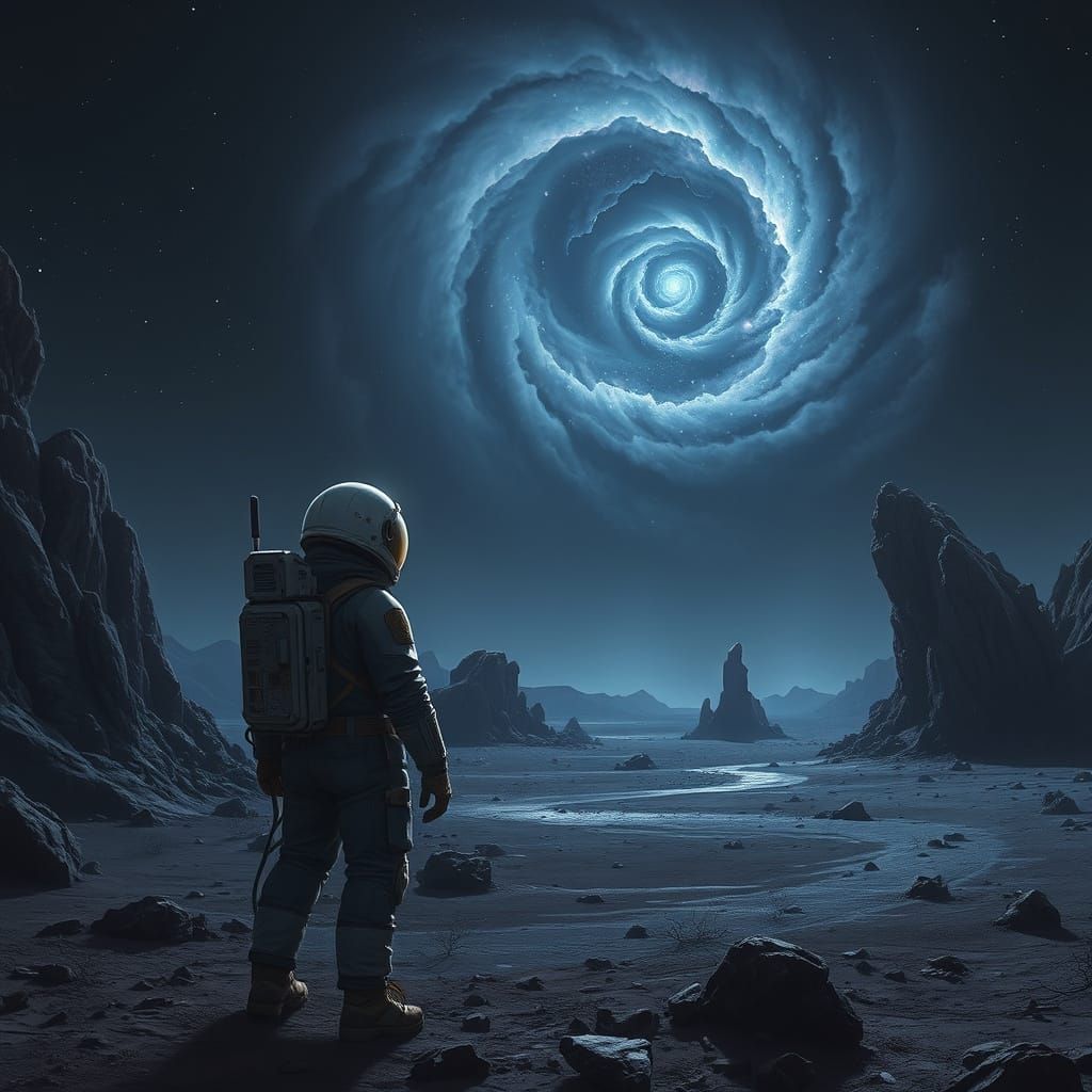 Astronaut Gazes at Nebula on Alien World