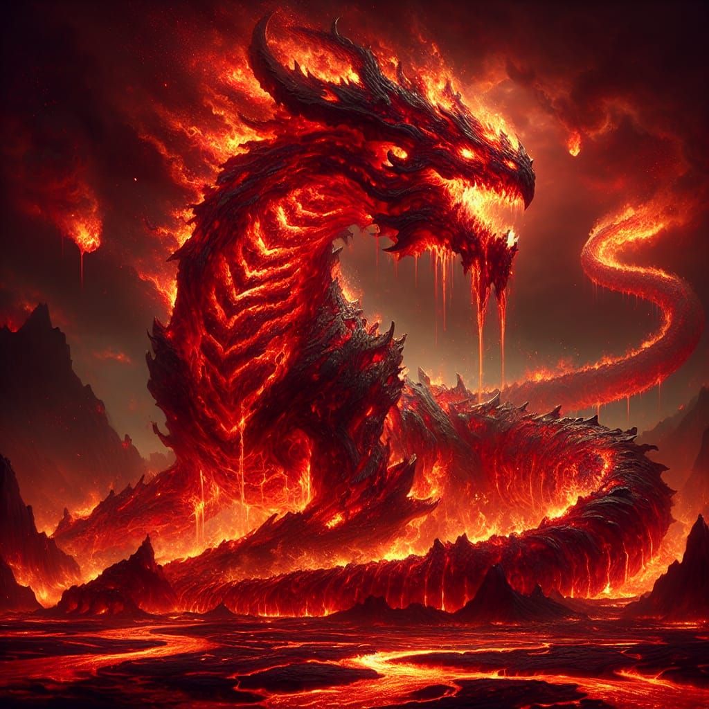 Majestic Flame Dragon Rises from Volcanic Ruins