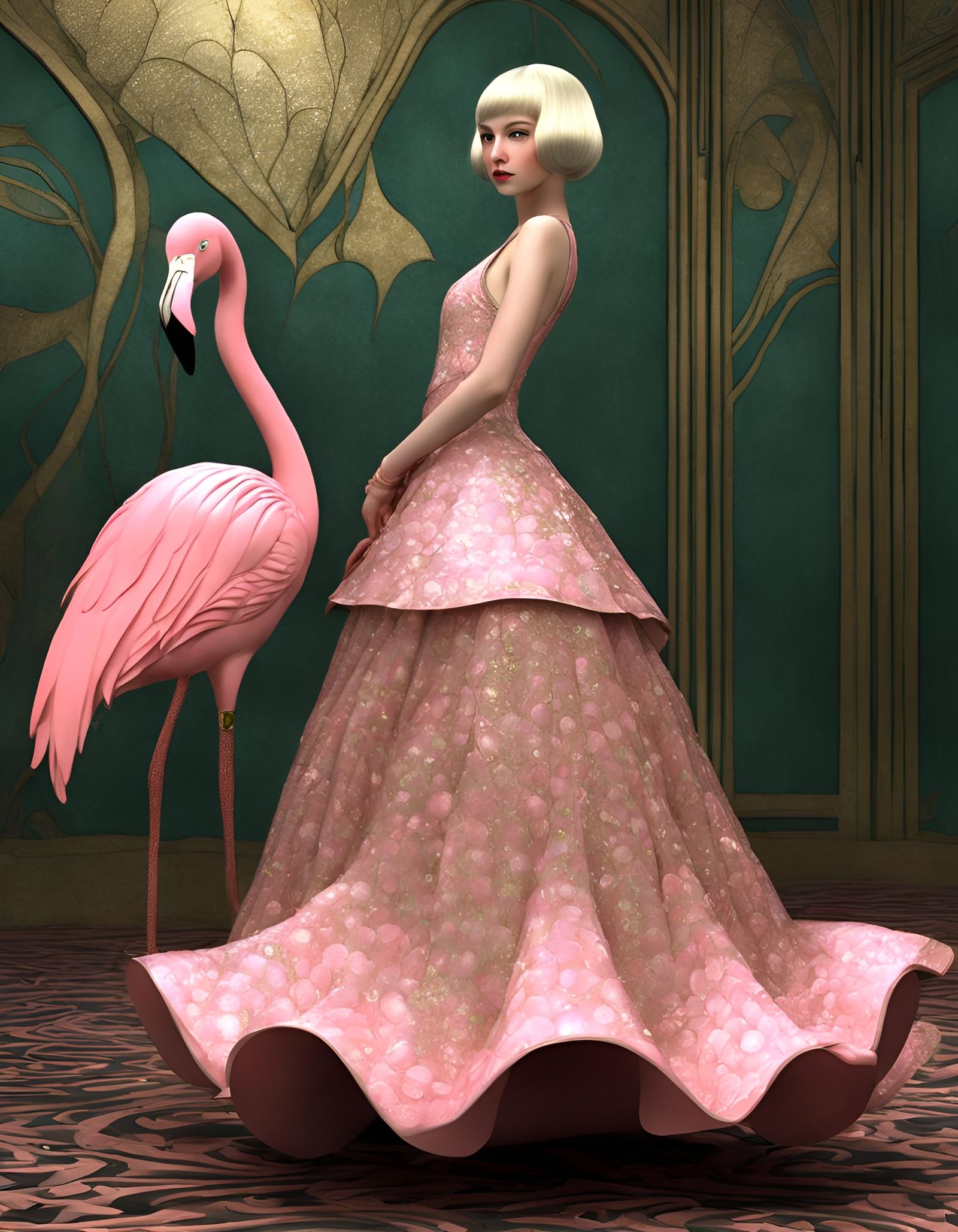 Flamingo Woman in Art Nouveau Style