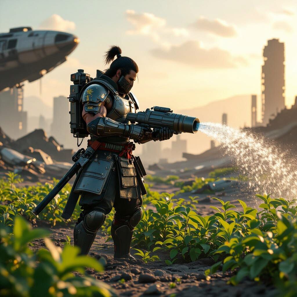 Samurai Tends Lush Plants in Futuristic Wasteland