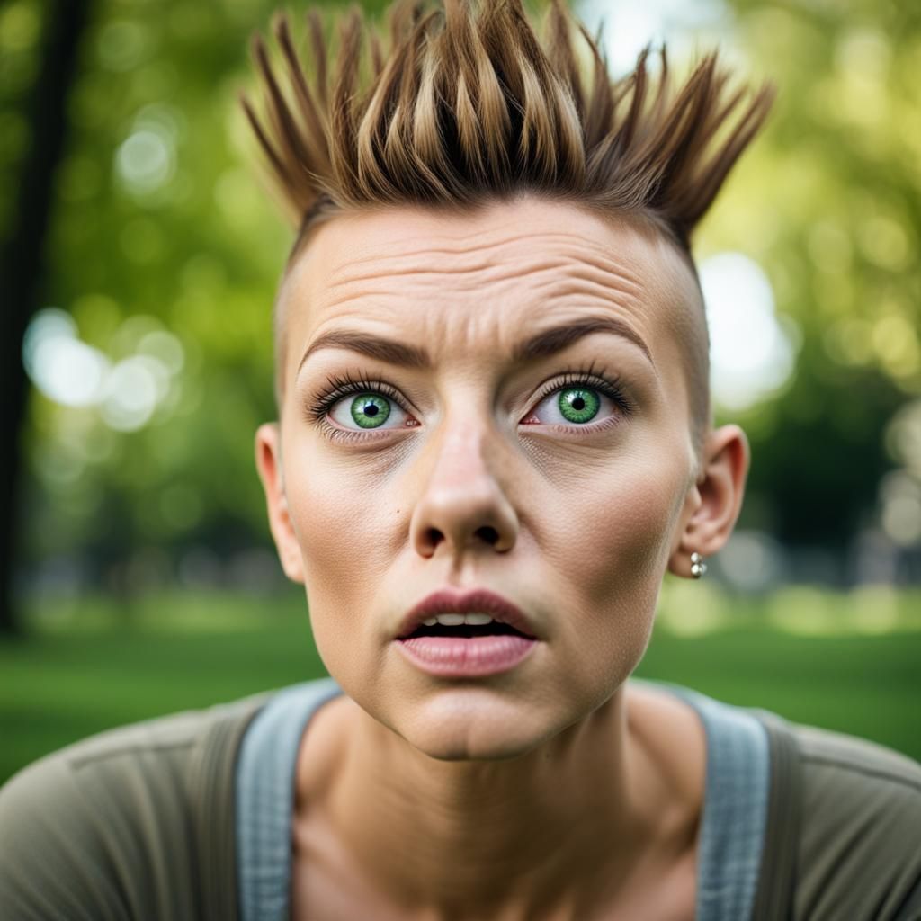 Shocked Woman with Green Eyes and Mohawk