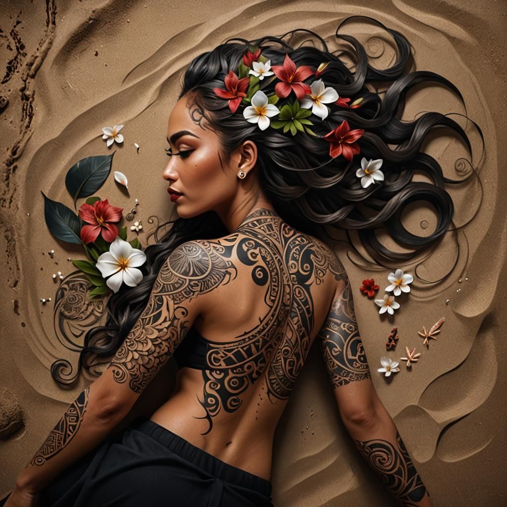 Maori Girl with Tattoo on Beach in 3D