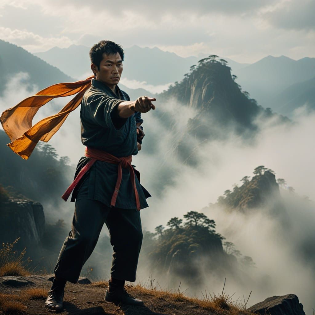 Martial Arts Hero Emerges from Misty Valley in Cinematic Fil...