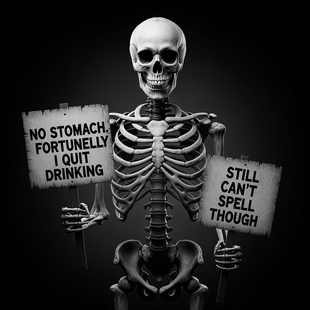 Skeleton With Humorous Signs in Film Noir Style