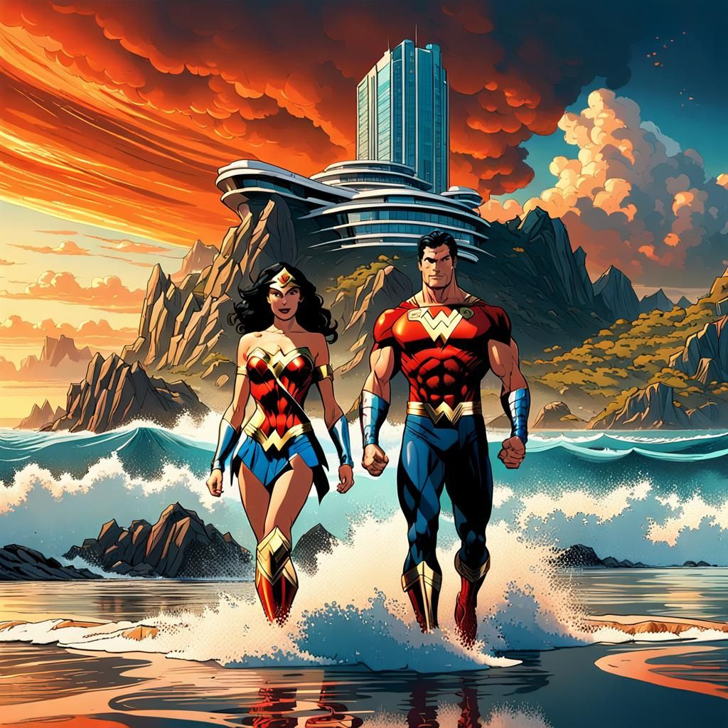 Superman and Wonder Woman on Exotic Coast